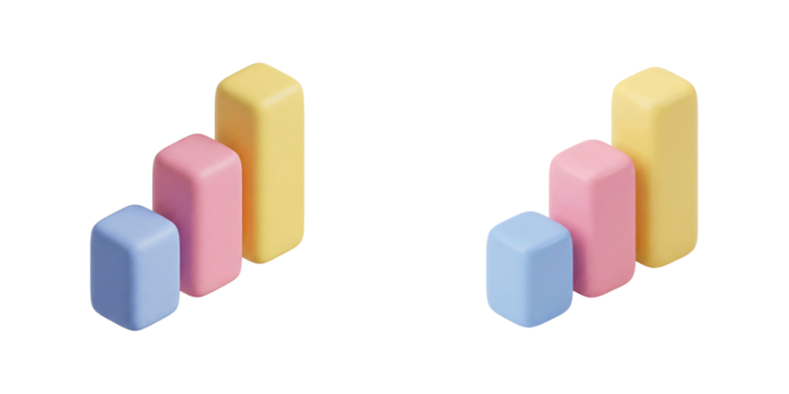 Minimalist 3D bar chart on transparent background for business data visualization and financial growth.