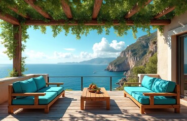 Obraz premium Terrace with turquoise sofas faces calm blue ocean and green rocky cliffs. Wooden table holds fruit bowl. Pergola with green leaves shades patio. Boat sails on water near island.