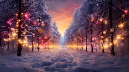 Colorful Christmas lights on spruce and fir trees covered with snow inside a winter forest in the evening with sunset.