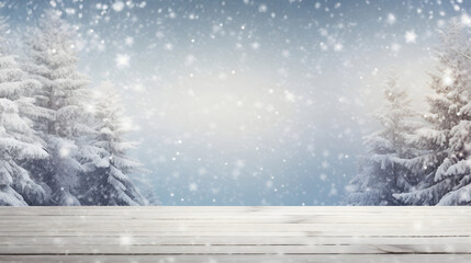 Abstract winter forest with snowfall and snowflakes in winter with wooden board covered with snow.