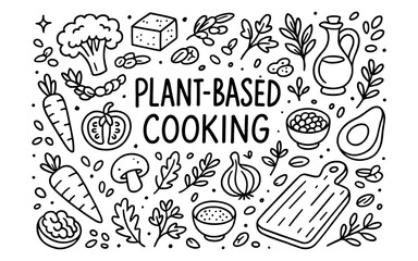 Hand-drawn plant-based cooking elements: vegetables, herbs, and kitchen tools