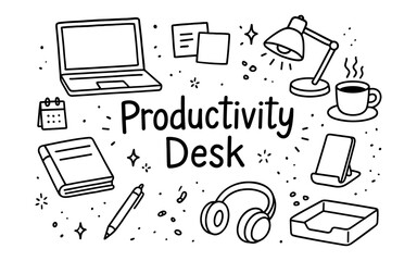 Hand-drawn office desk essentials with laptop, coffee, and headphones