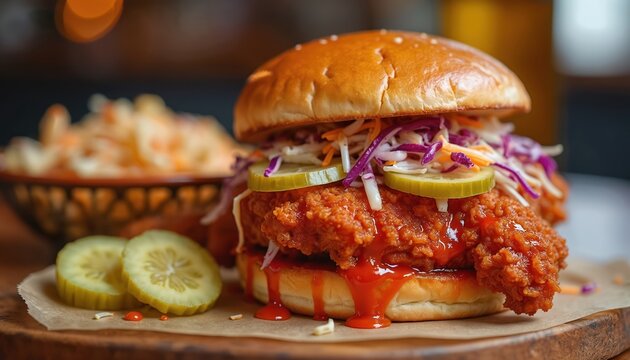 Spicy fried chicken sandwich with coleslaw and pickles on bun. Delicious meal features crispy chicken, fresh slaw, and dill pickles dripping with sauce. Perfect for food blogs or restaurant menus.