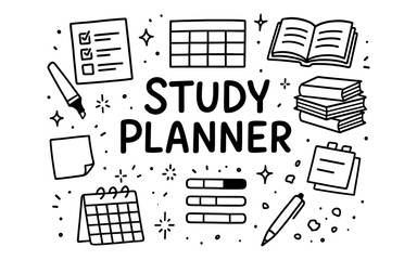 Simple study planner layout with books, notebook, and stationery elements