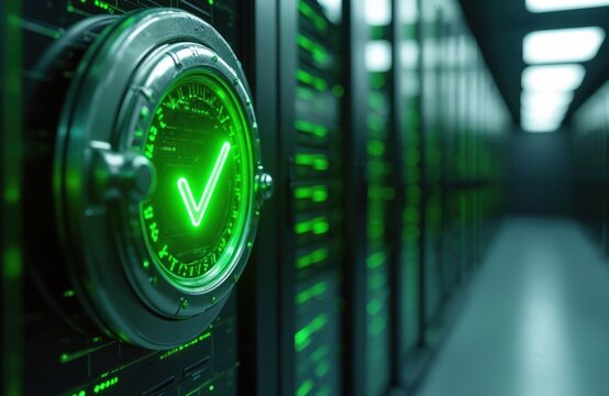 Data vault with green checkmark shows info protection. Servers store data. Security verification system. Green light. Data center shows safety. Server racks store information, provide system access - Powered by Adobe