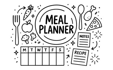 Hand drawn meal planner with weekly schedule, recipes, and food icons