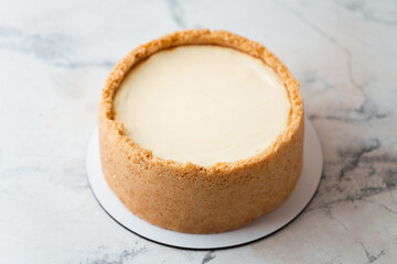  Close up view of classical traditional New York Cheesecake on the white marble background