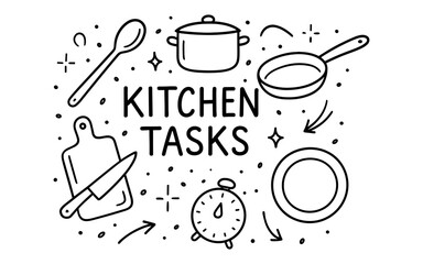 Minimalist kitchen tools and tasks in line art style for culinary inspiration