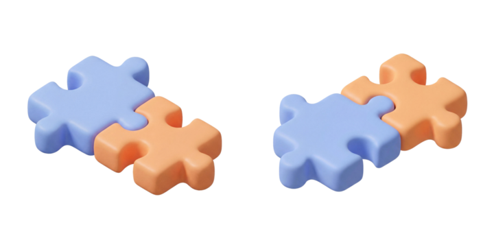 3D Puzzle Pieces: Connecting for business solutions, teamwork, and strategic integration on transparent background.
