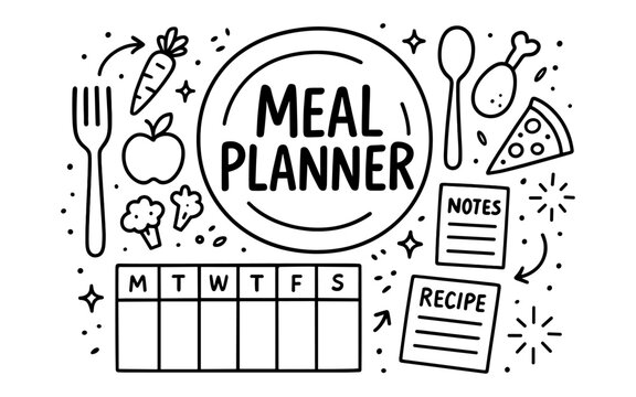 Hand drawn meal planner with weekly schedule, recipes, and food icons