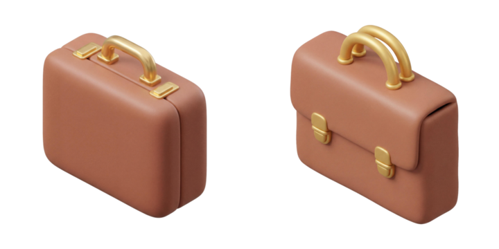 Set of 3D isometric brown leather business bags with gold handles isolated on transparent background