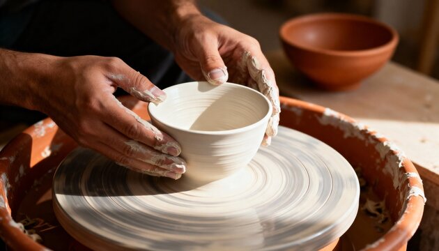 Potter's hands shaping a clay bowl on a pottery wheel. Close-up of a craftsman making handmade ceramics in a workshop. Traditional art and creative hobby