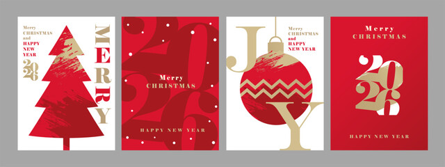 Set of covers design with Happy New Year 2026 and Christmas in red color. Modern holiday background with 2026 numbers, xmas tree and christmas ball. Vector illustration