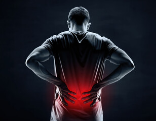 Sportsman suffering from lower back pain, touching muscle inflammation, sports injury, lumbar red warning spot