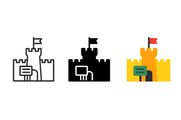Obraz premium Minimalist Castle Icons. Linear minimalistic heritage site icon: castle, informational sign, fortress wall, tower, gate, flag with