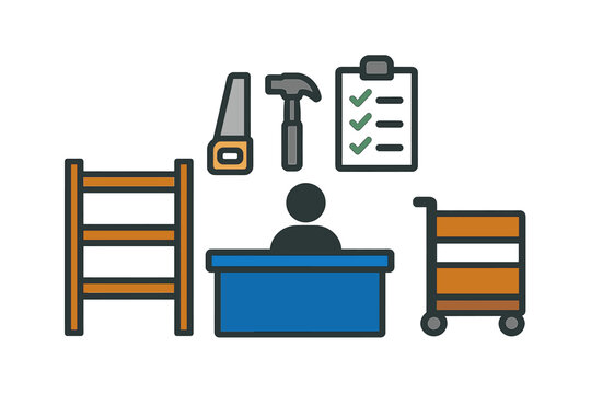 Minimal Maker Space Icons. Linear minimalistic maker space icon: shelving units, hand saws, hammers, maintenance checklist, rental