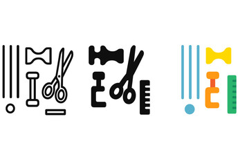 Wick Setup Icons. Linear minimalistic wick setup icon: pre-cut wicks, wick holder, scissors, clamp, ruler, adhesive base with