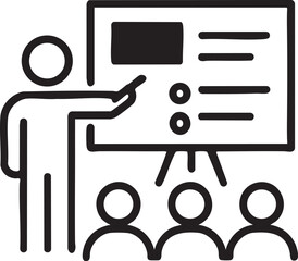 a simple black and white illustration depicts a presenter giving a lecture to a group of people