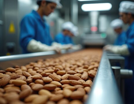 Almonds move on a factory conveyor belt. Workers in blue coats and hats sort nuts. Food production line operates inside a clean plant with modern machines for processing.