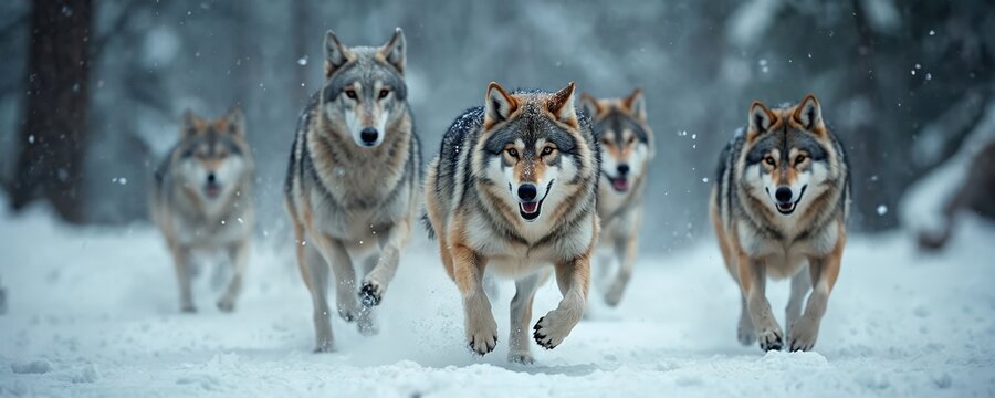 A wolf pack runs across a snowy landscape. These wild animals move together through a forest during winter. Their paws kick up snow as they run fast. They are predators in the cold.