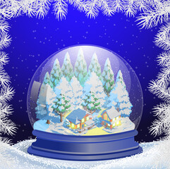 A magical winter snow globe featuring glowing cozy houses, snowy pine trees, falling snowflakes, and frosty branches on a deep blue background. Perfect for Christmas and holiday designs