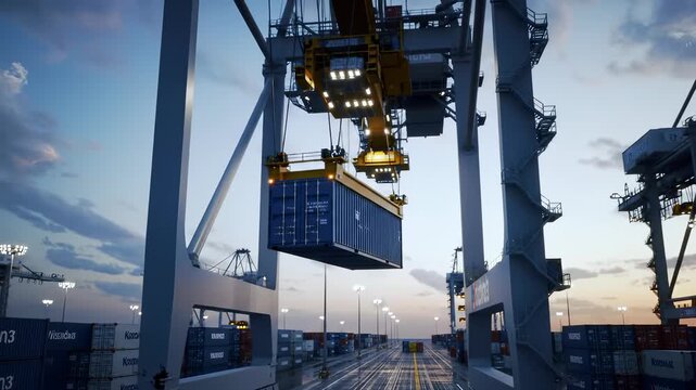 Shipping container lifted by an illuminated crane at a bustling port terminal at dusk, driving global logistics, international shipping, efficient transportation, and vital cargo operations