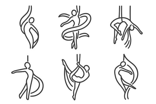 Aerial Silk Artistry. Line style icons of aerial silk artistic expression: abstract body curve in silk, ribbon flow around figure,