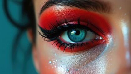 Extreme close-up of a bright blue eye with bold red eyeshadow and long black lashes. Subtle glitter accents add sparkle. A dramatic look for beauty and fashion.
