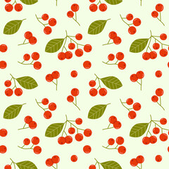 Rowan seamless pattern. Botanical print. Red berries with twigs and leaves on a light green background. Vector illustration.