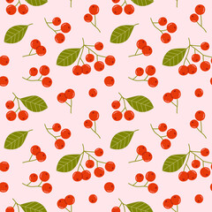 Rowan seamless pattern. Colorful background with red berries, twigs with berries and leaves. Hand draw design for wallpaper, fabric, textile and etc. Vector illustration.