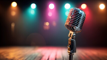 Retro microphone music stage colorful spotlight background. Open microphone, mic stage. Instrumental music audio announcers for musical performances, public speaking, recording sessions