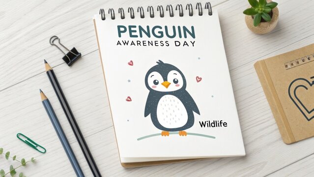 Cartoon Penguin on a Notebook for Awareness Day