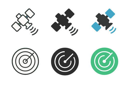 Minimalistic GPS and Radar Icons. Linear minimalistic gps icon: satellite outline with signal lines, uniform line thickness, no