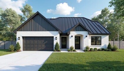Modern white brick farmhouse style home with black metal roof. Features a large driveway, two front doors, and manicured green lawn with trees under blue sky.