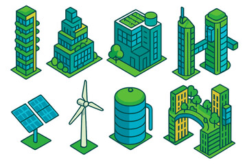 Eco Green Skyscrapers. Isometric vector illustration set Skyscraper silhouettes – eco green towers, vertical gardens, rooftop
