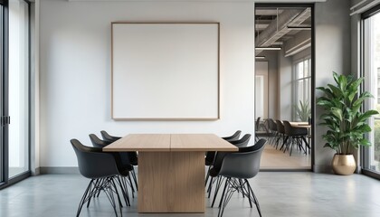 Modern conference room features a blank canvas on wall above empty wooden table and chairs. Glass door opens to more meeting space. Neutral tones and soft light create calm atmosphere.