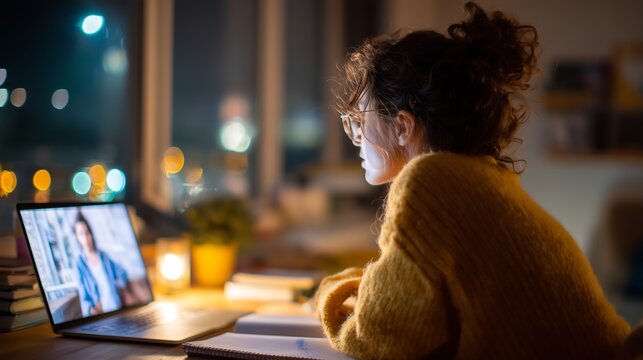Cozy student studying online at night with laptop