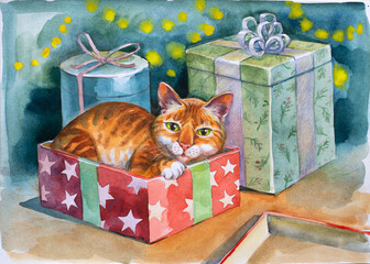 Cute ginger tabby cat in Christmas gift box with boxes and holiday lights on background, best Xmas gift, handpainted watercolor illustration