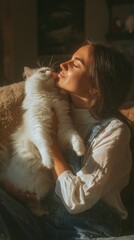 Girl cuddling her fluffy white cat in warm sunlight