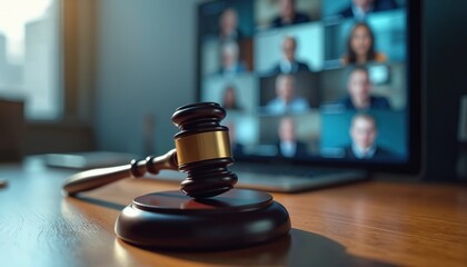 Illustration of a gavel on a desk with a laptop displaying a virtual meeting. Concept relates to law legal online courtroom judge remote video call or business.