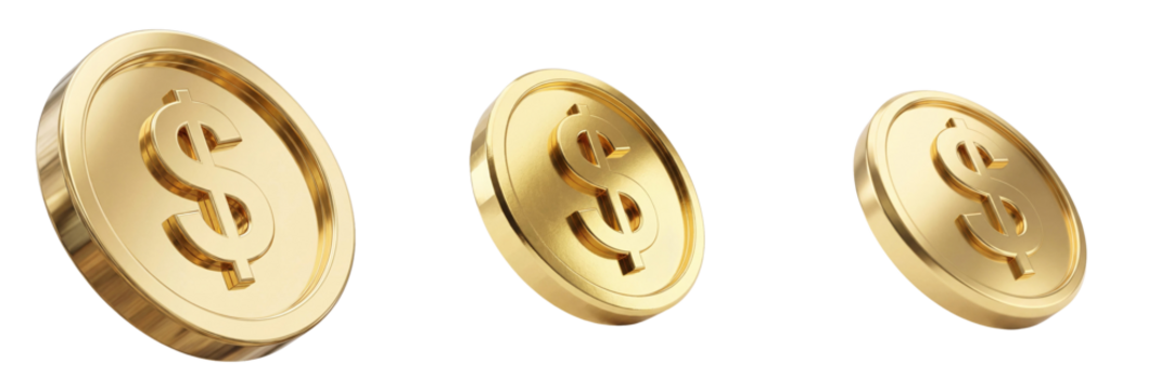 Three dimensional gold dollar coins with glossy reflection isolated on transparent background for finance - Powered by Adobe