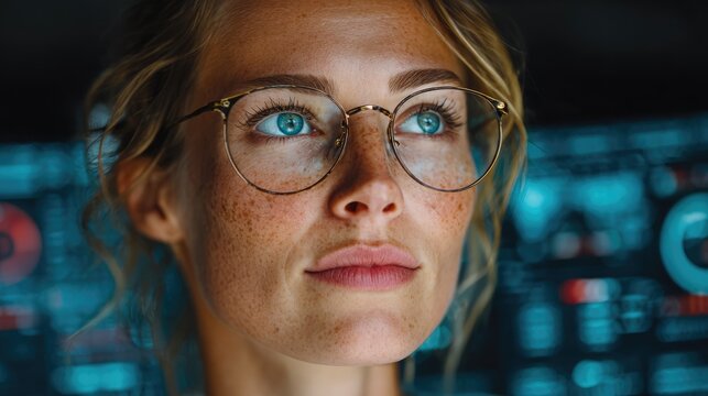 Woman with Glasses Looking at Futuristic Interface