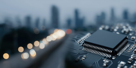 Microprocessor circuit board overlooks illuminated metropolitan skyline at dusk beautifully.