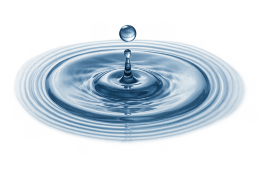 Water drop creating ripples on a surface, splashing liquid and forming a perfect clean crown shape, transparent background