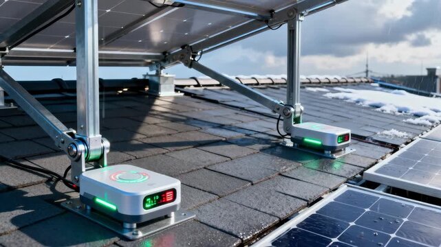 Medium shot of adaptive roof load sensors dynamically adjusting support structures on a rooftop under changing weather conditions highlighting smart technology in use.