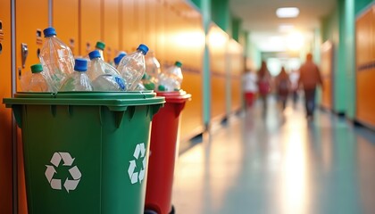 Green recycling bin full of plastic bottles stands in colorful school hallway near lockers. Students walk past in background with motion blur. Eco friendly habit in education.