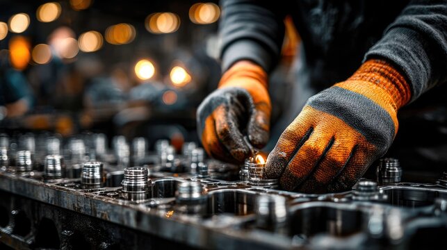 Industrial Worker Adjusting Metal Components on Machinery with Protective Gloves