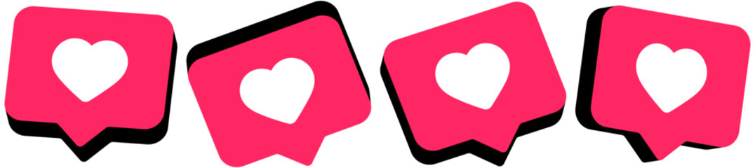 3D Like speech bubble - love notification icons with heart symbols. social media notification bubbles, user engagement alert