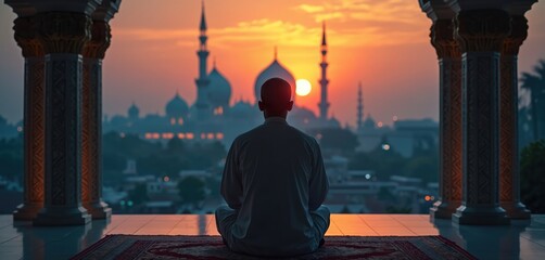 Muslim man prays namaz at sunset facing mosque. Serene holy night cityscape view. Spiritual contemplation and devotion. Islamic faith and peace.
