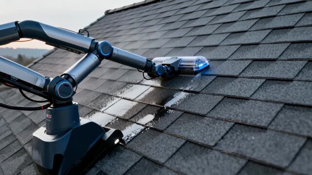 Medium shot of an advanced automated cleaner adapting cleaning speed and pressure on a sloped roof for optimal results